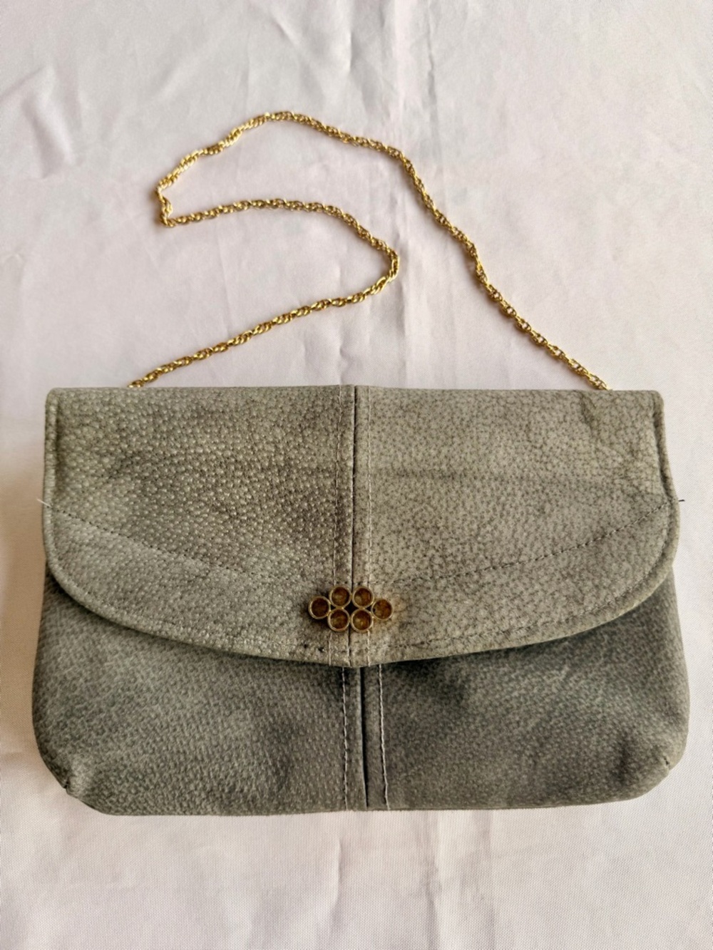 Vintage Blue Suede Clutch with Gold-Toned Cluster Clasp and Chain Strap